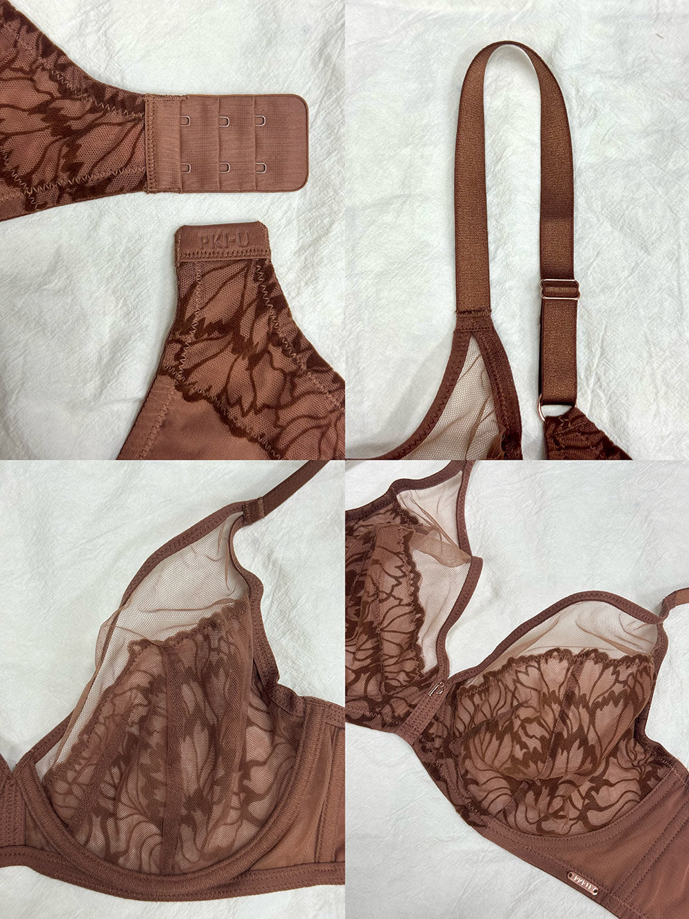 Close-up flat lay of the Cocoa Brown velvet mesh fabric and delicate construction.