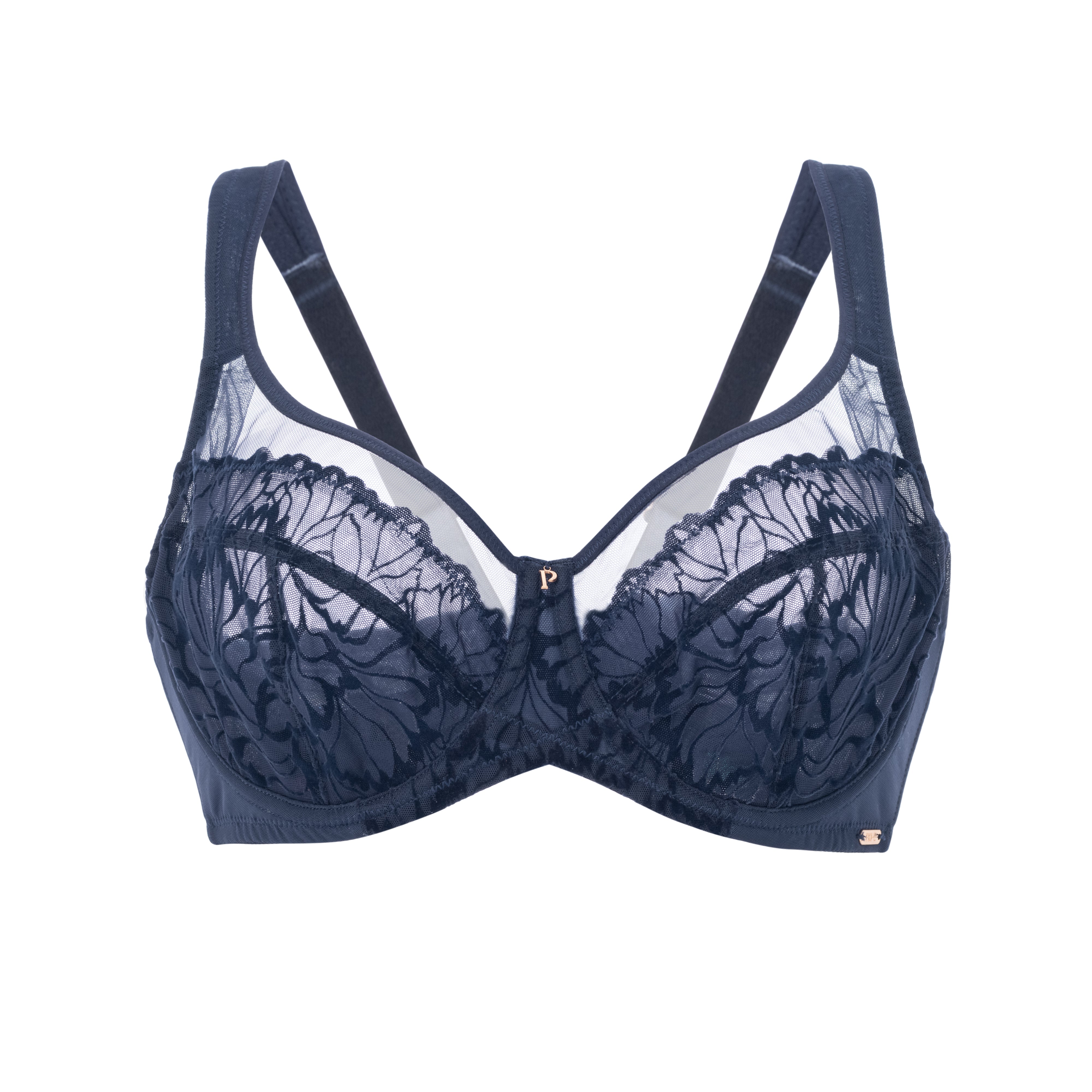 Detailed flat lay of the Navy Blue SHADOW Support Bra showing underwire and wide straps.