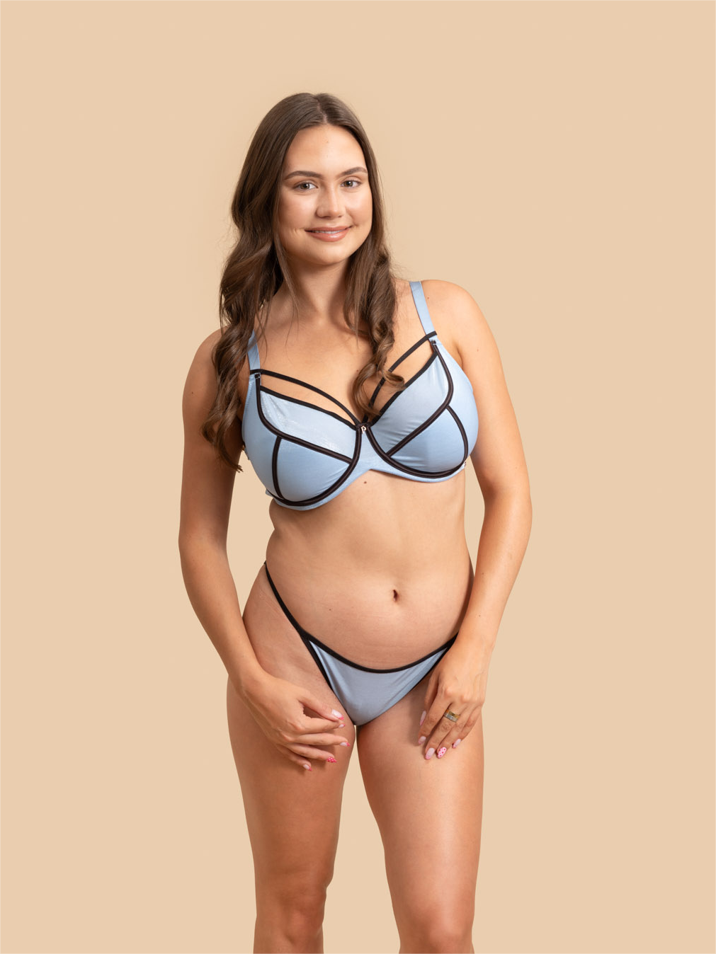 Front view of the GLOW Duo-Tone Radiance Bra and Brief set in Sky Blue and Black.
