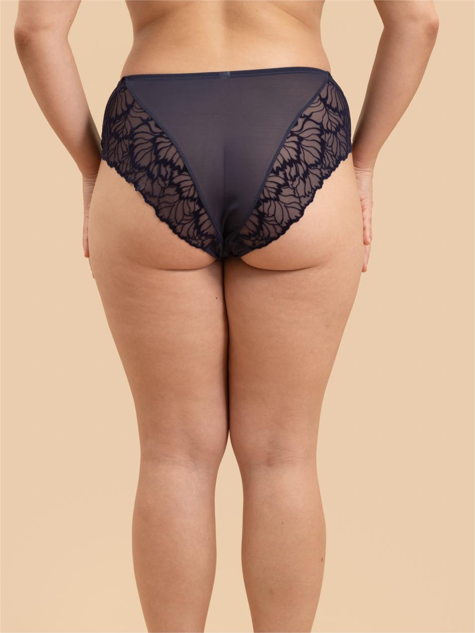 Rear view of SHADOW Flocked Lace Briefs showing full coverage and lace trim.