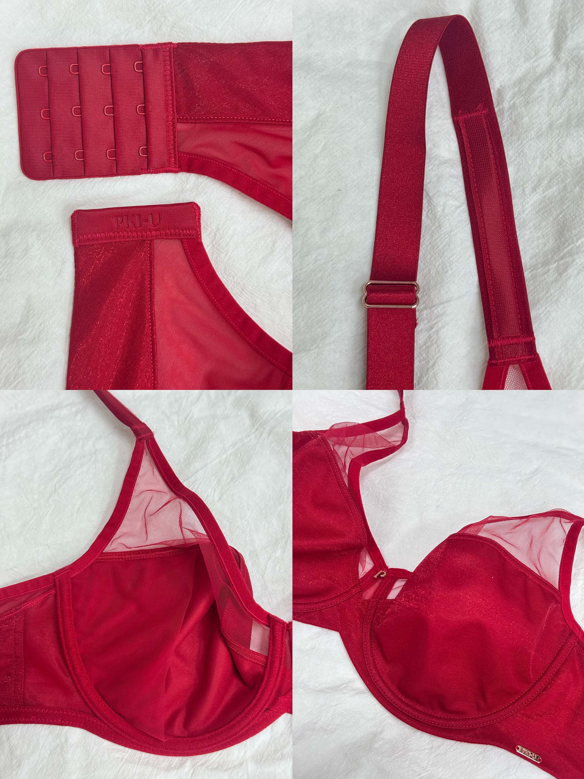 Red bra set with various parts displayed on a white background
