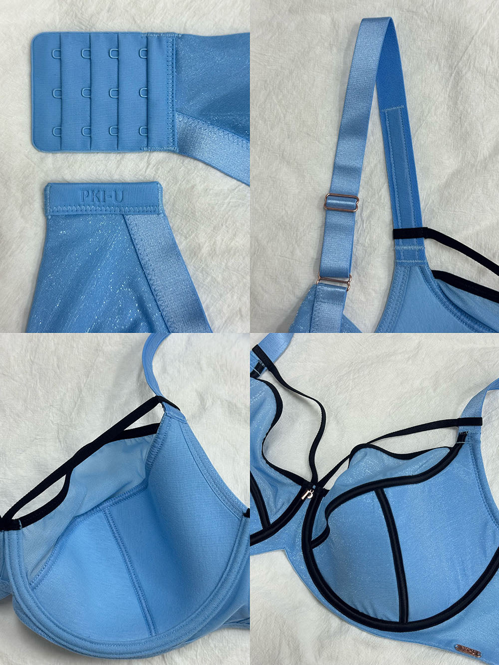 Blue bra with black straps shown from multiple angles and details on a textured white background