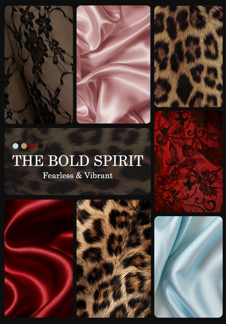 Collage of various fabric textures with 'The Bold Spirit' text in the center.