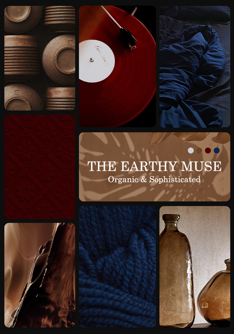 Collage of rustic and natural elements with text 'The Earthy Muse' in the center.