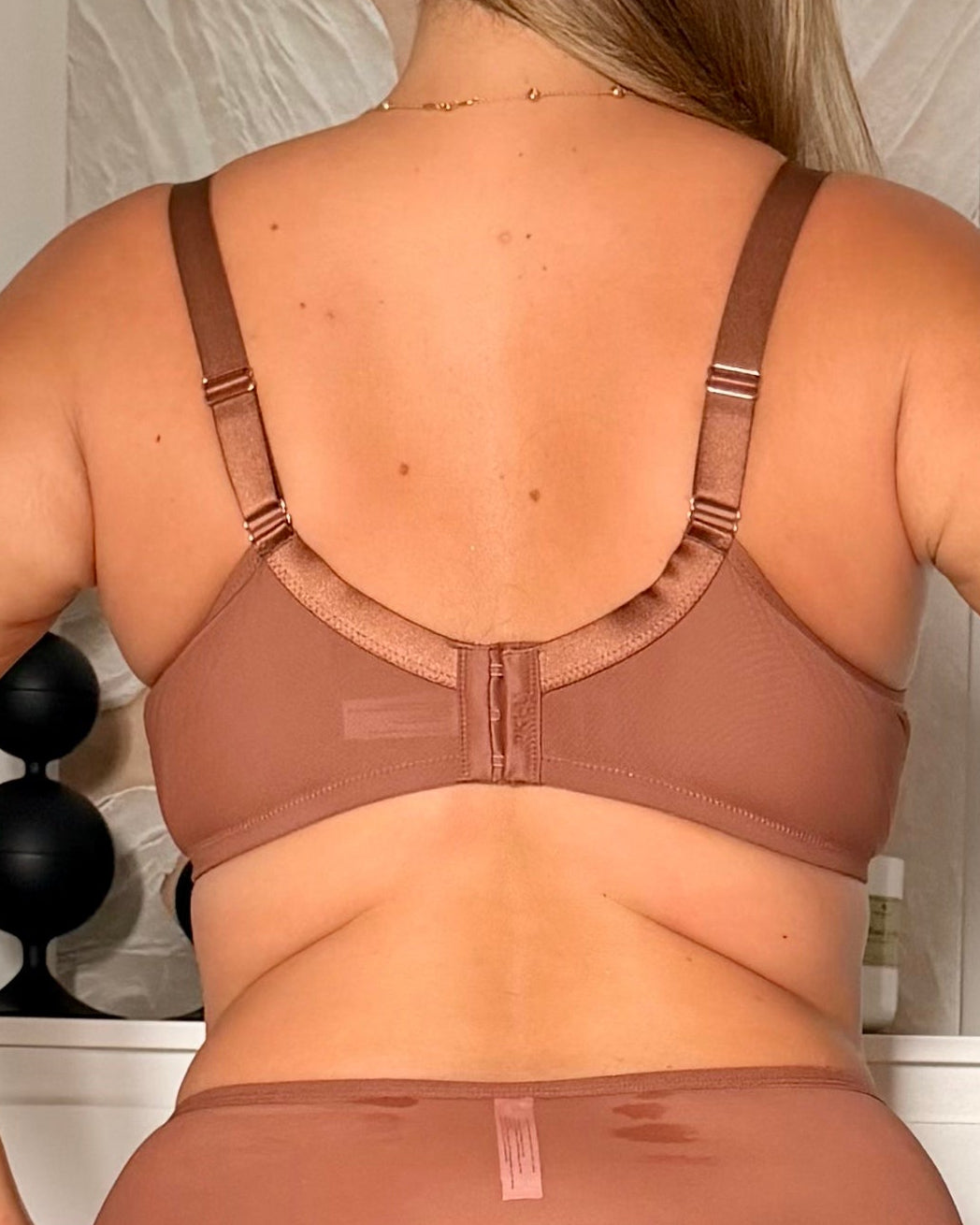 A woman shown from the back wearing a sheer nude-brown bralette and matching high-waisted briefs, photographed indoors against a light wall and white cabinet.