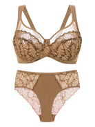 Product set view of the SHADOW Flocked Lace Bra and Brief in coffee Brown.