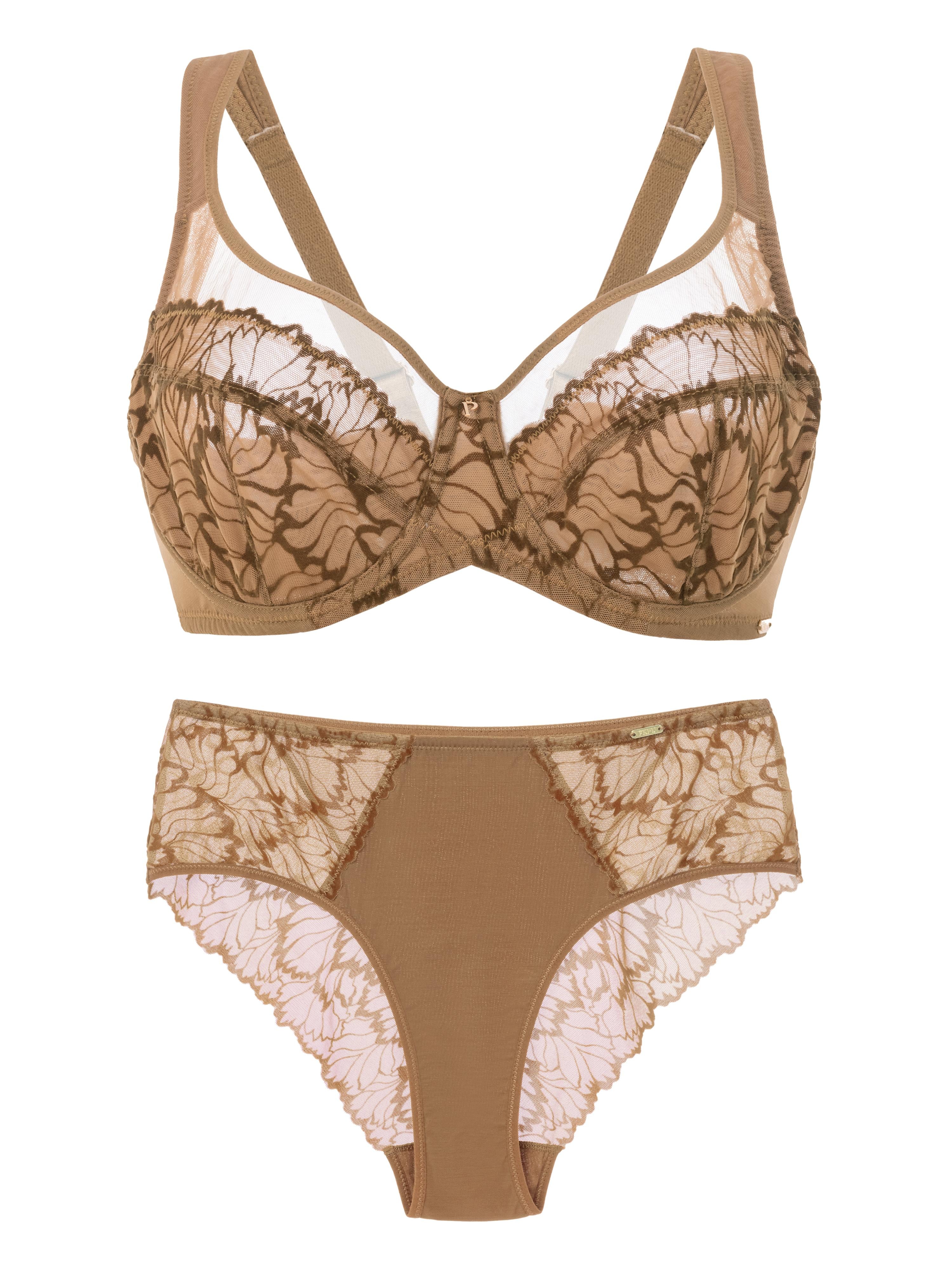 Product set view of the SHADOW Flocked Lace Bra and Brief in coffee Brown.