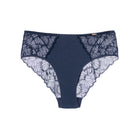 Flat lay of the Navy Blue Flocked Lace Brief showing the intricate pattern and elastic waistband.