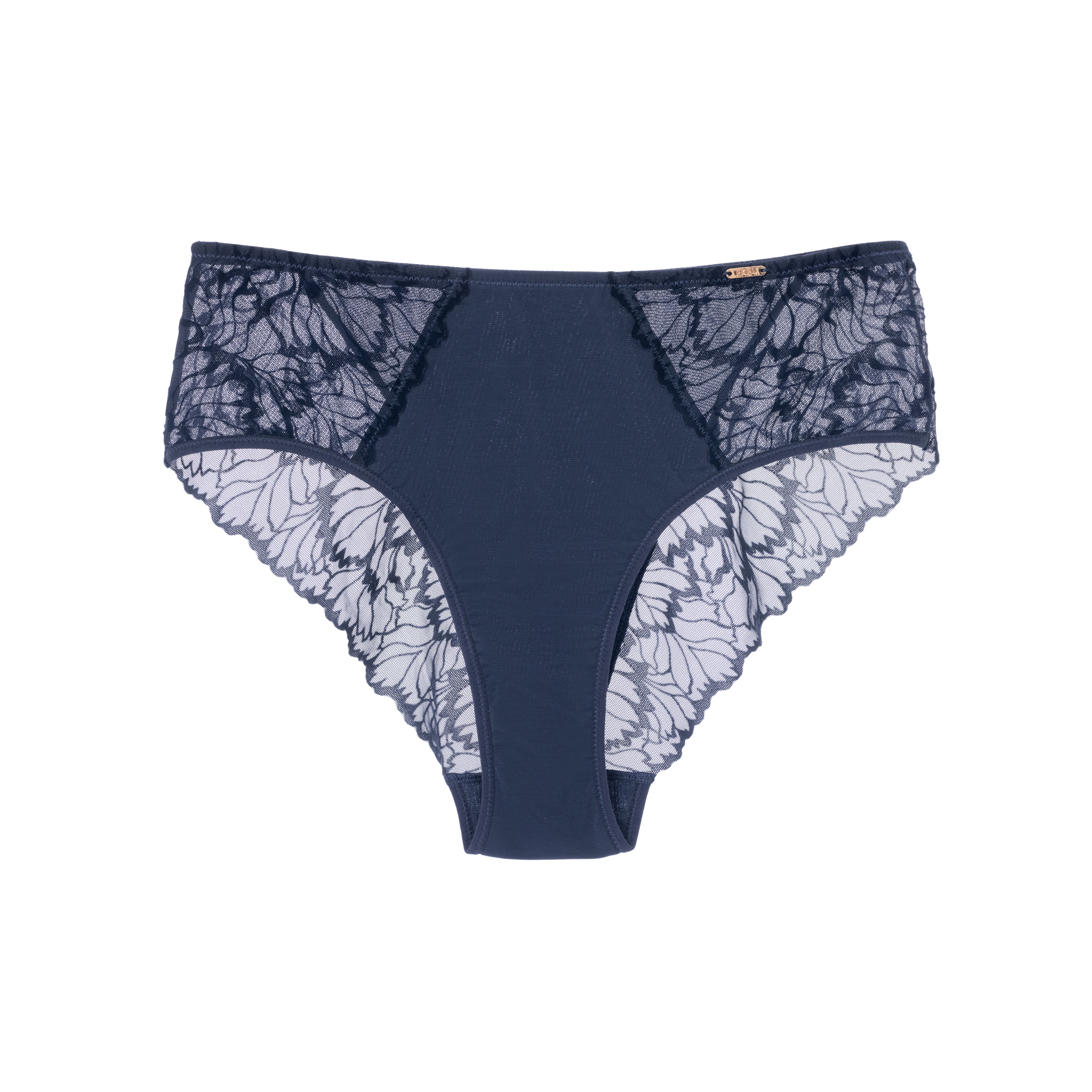 Flat lay of the Navy Blue Flocked Lace Brief showing the intricate pattern and elastic waistband.