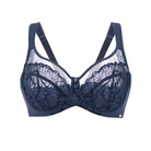 Detailed flat lay of the Navy Blue SHADOW Support Bra showing underwire and wide straps.