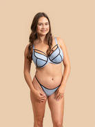 Front view of the GLOW Duo-Tone Radiance Bra and Brief set in Sky Blue and Black.