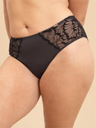 Front view of PKI-U SHADOW black flocked lace panties with comfortable wide band