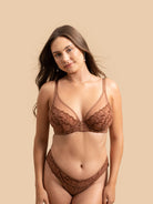 Close-up of the coffee Brown SHADOW Mesh Bralette featuring velvet embroidery.