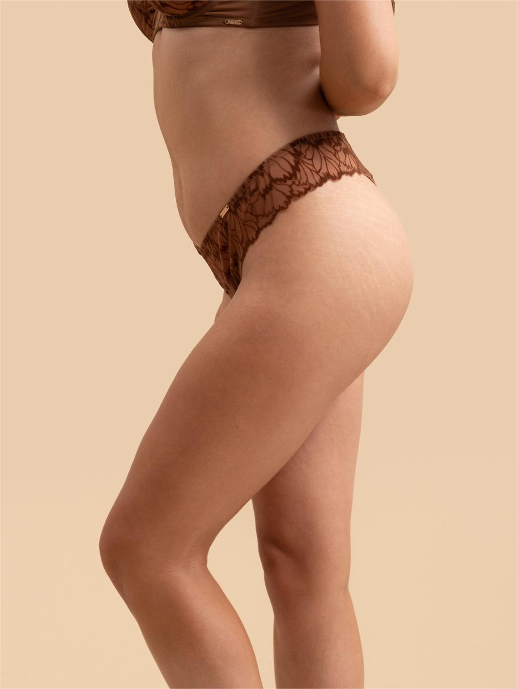 Side profile of the coffee Brown SHADOW Velvet Thong for a seamless look.