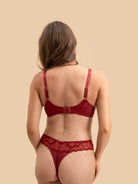 Back view of the Burgundy Red lingerie set showing the delicate velvet strap placement.