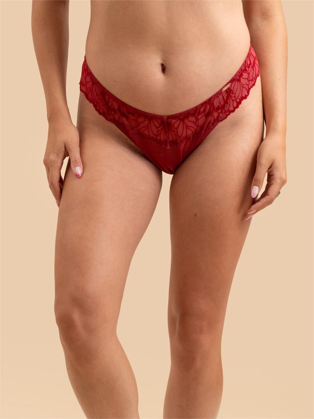 Front view of the SHADOW Velvet Flocked Lace Thong in Burgundy Red.