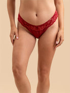 Front view of the SHADOW Velvet Flocked Lace Thong in Burgundy Red.