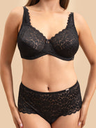 Close-up of semi-sheer black lace cups on PKI-U VERSE support bra