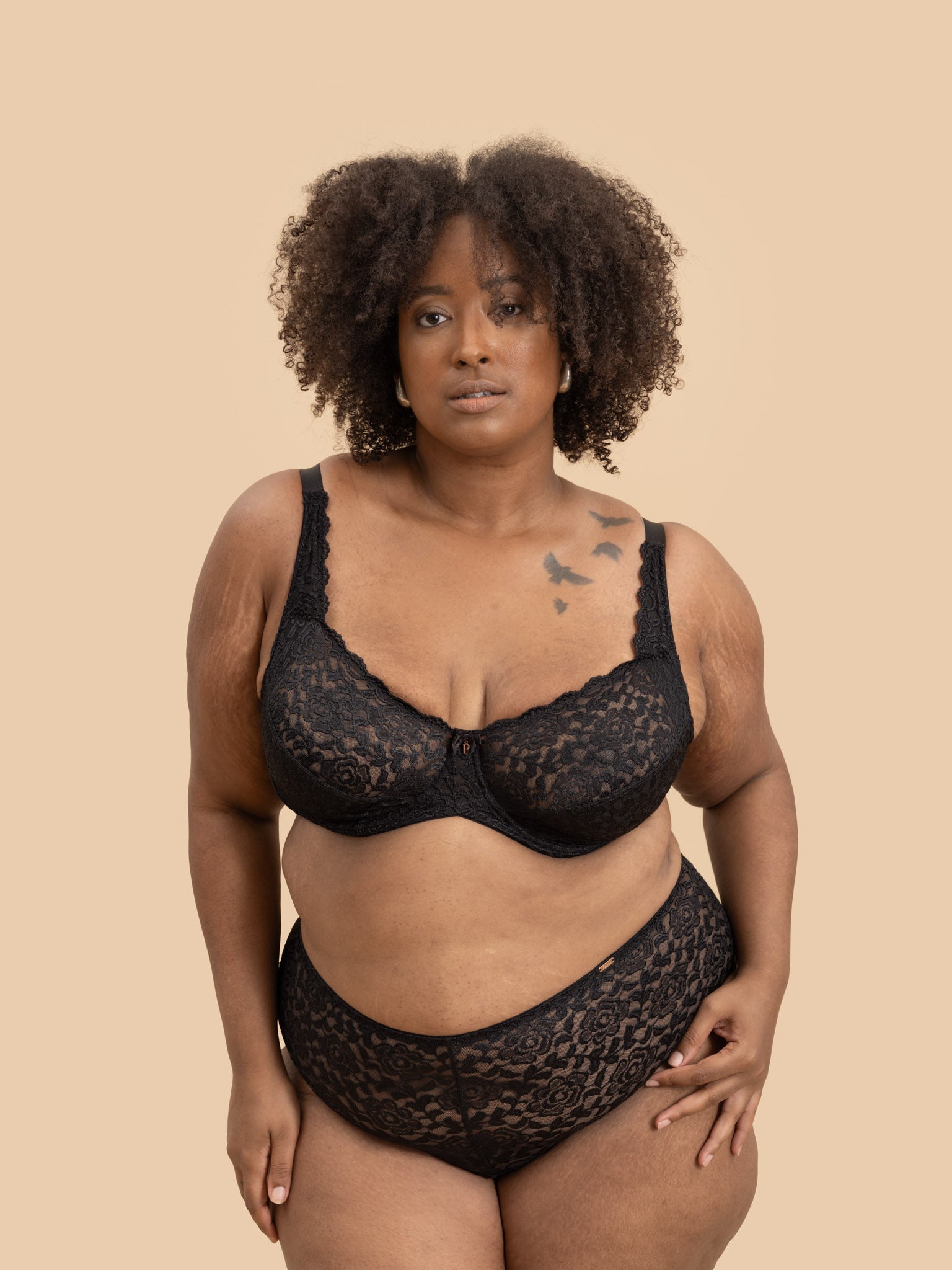 PKI-U VERSE Black Lace Plus Size Bra and Panty Set with micro-shimmer finish
