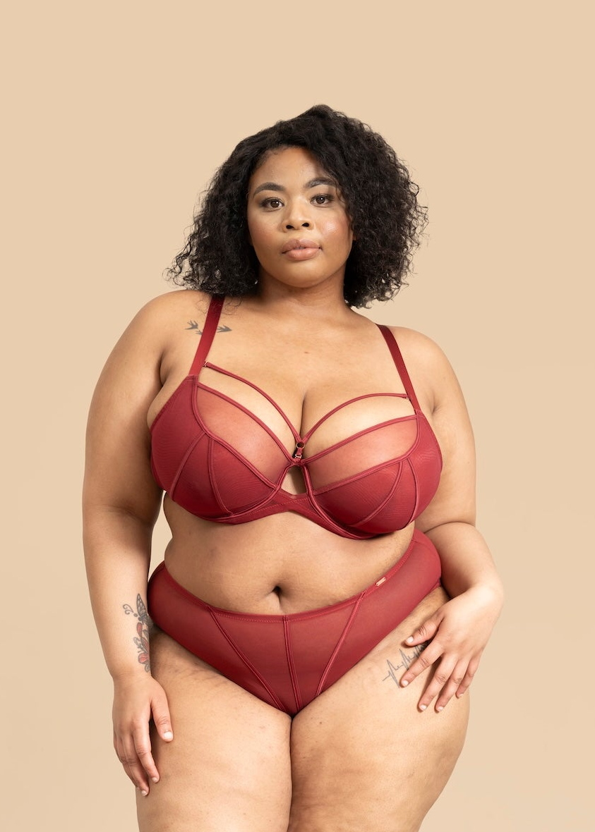 Close-up of a red sheer mesh balconette bra from the PKI-U "Engineered for Curves" collection, specifically designed for G cup support.