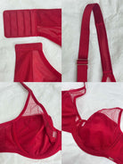 Red bra set with various parts displayed on a white background