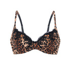 Leopard print bra with lace details on a white background