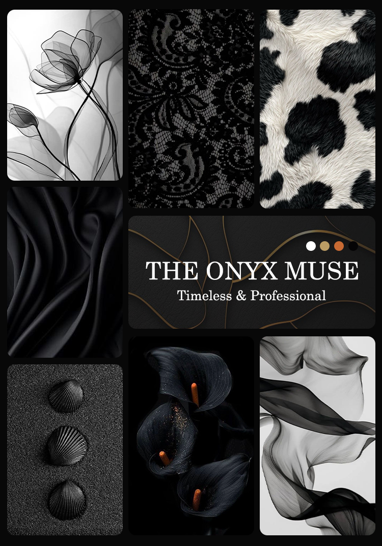 Collage of black and white patterns with 'The Onyx Muse' branding.
