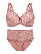 Rose gold lace lingerie set on a white background