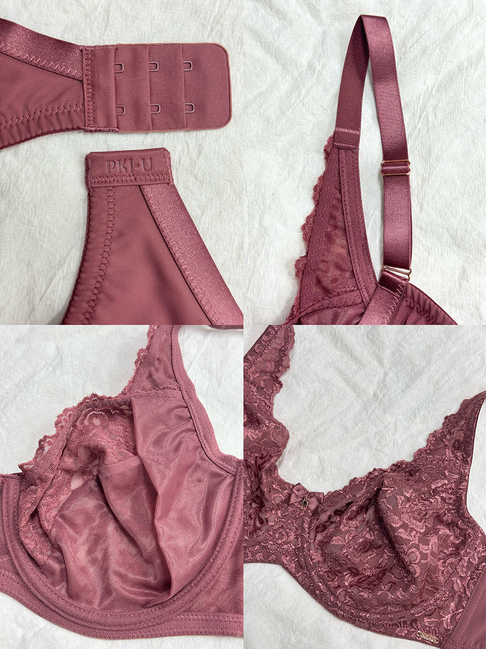 Verse series Dusty Rose color bra set with lace details on a textured white background