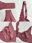 Verse series Dusty Rose color bra set with lace details on a textured white background