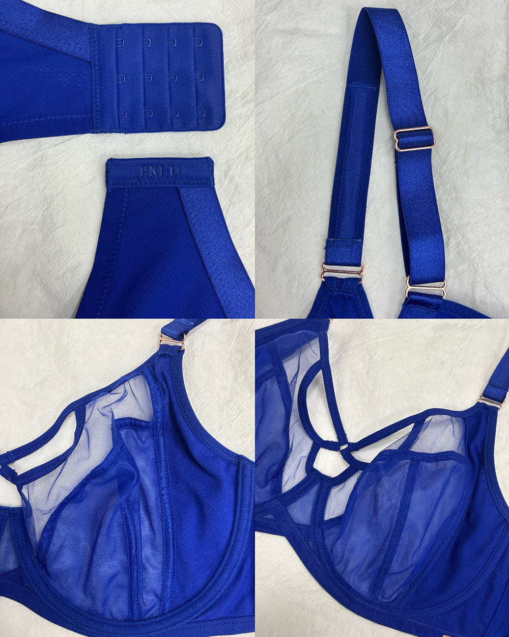 Blue bralette with mesh panels and straps on a light gray background