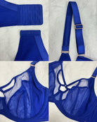 Blue bralette with mesh panels and straps on a light gray background