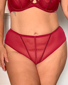 A close-up of a model wearing a matching red sheer mesh lingerie set, featuring a structured bra top and high-waisted briefs with front seam detailing.