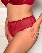 A close-up of a model wearing a matching red sheer mesh lingerie set, featuring a high-waisted brief and a matching bra top.